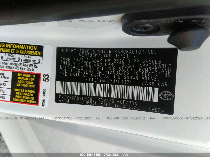 2021 TOYOTA CAMRY XSE 4T1K61AK9MU461124