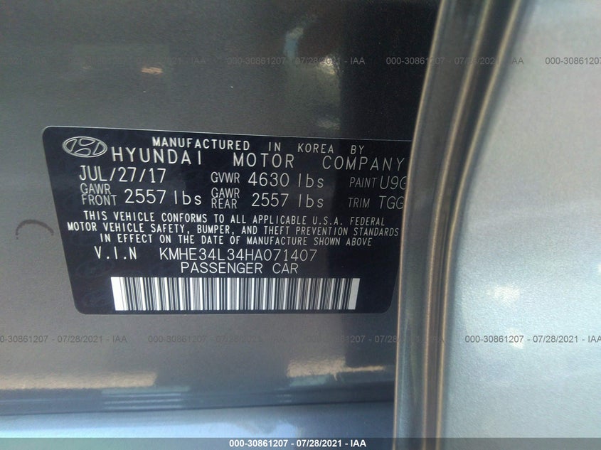 2017 HYUNDAI SONATA VIN: KMHE34L34HA071407