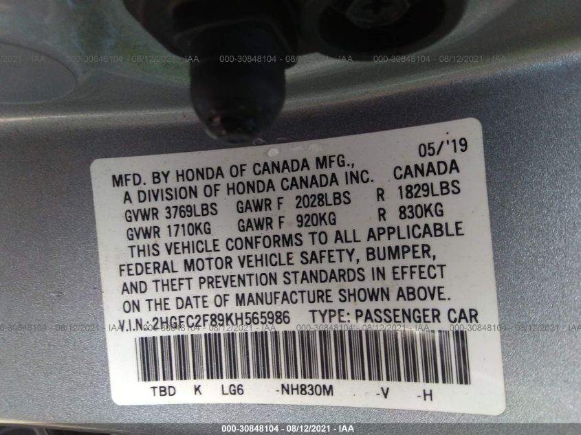 2019 HONDA CIVIC SEDAN SPORT 2HGFC2F89KH565986