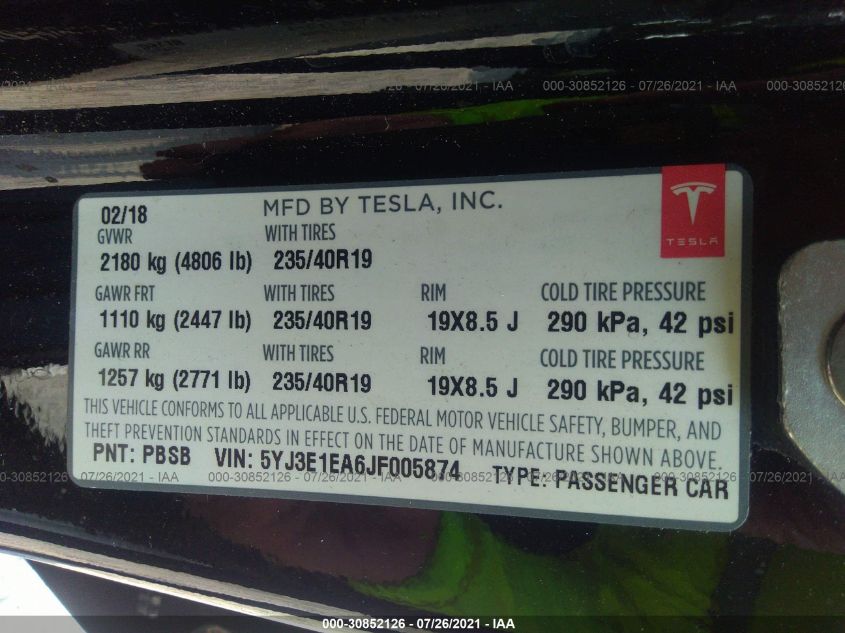 2018 TESLA MODEL 3 RANGE BATTERY 5YJ3E1EA6JF005874
