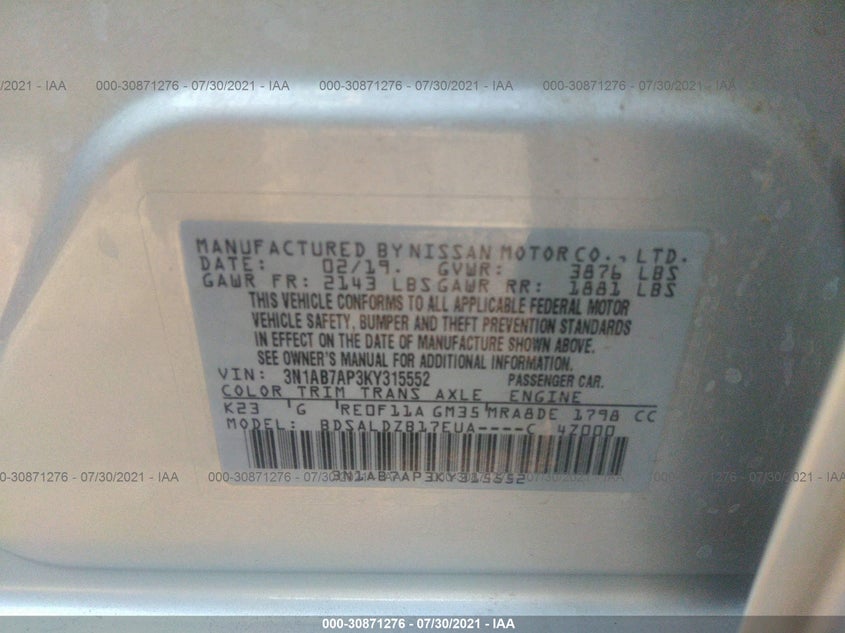 2019 NISSAN SENTRA VIN: 3N1AB7AP3KY315552