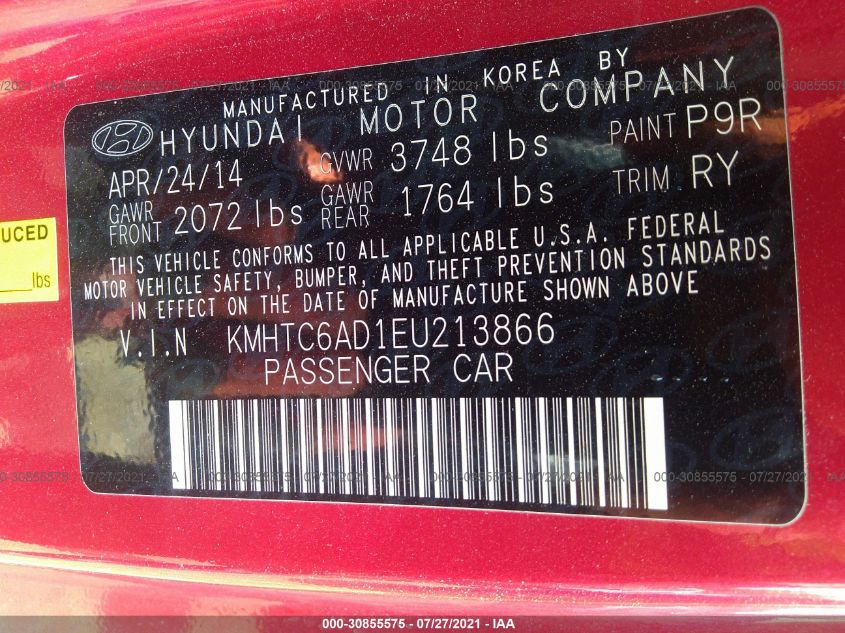 2014 HYUNDAI VELOSTER FLEX KMHTC6AD1EU213866
