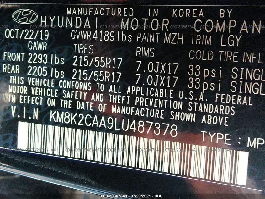 2020 HYUNDAI KONA SEL KM8K2CAA9LU487378