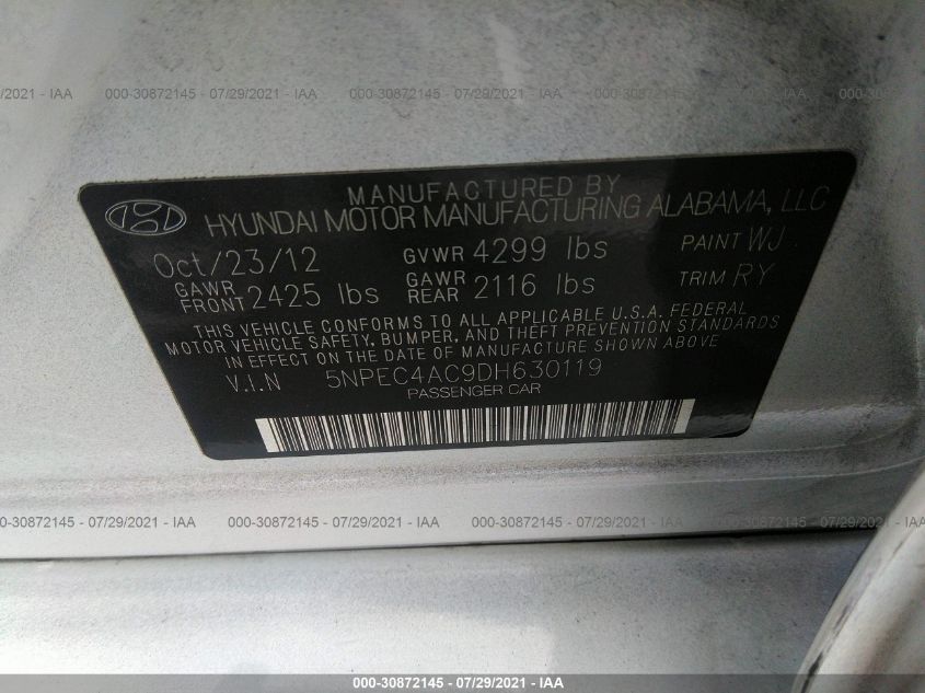 2013 HYUNDAI SONATA SE 5NPEC4AC9DH630119