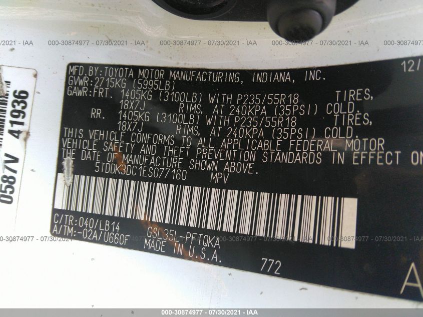 2014 TOYOTA SIENNA LTD/XLE 5TDDK3DC1ES077160