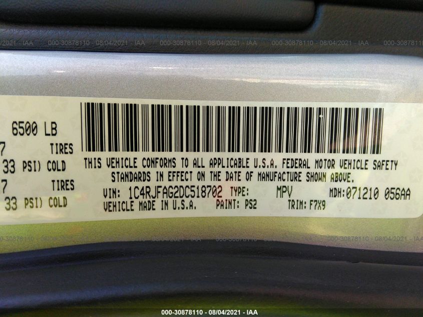 2013 JEEP GRAND CHEROKEE LAREDO 1C4RJFAG2DC518702