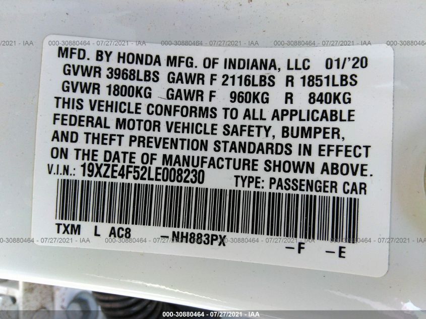 2020 HONDA INSIGHT EX 19XZE4F52LE008230