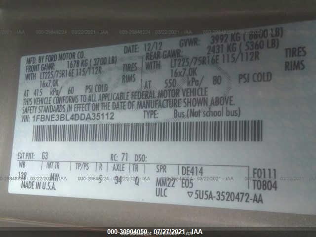 2013 FORD ECONOLINE WAGON XL/XLT 1FBNE3BL4DDA35112