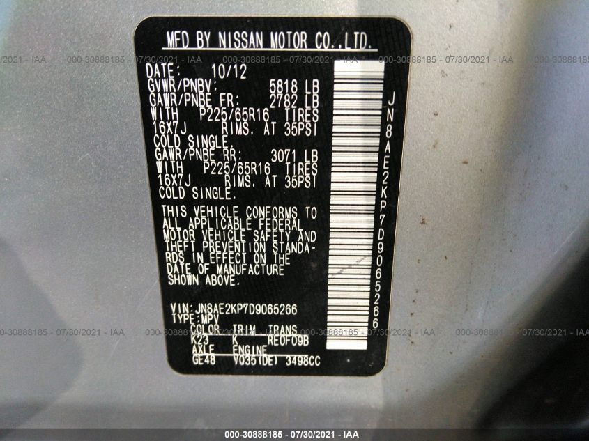 2013 NISSAN QUEST SV JN8AE2KP7D9065266