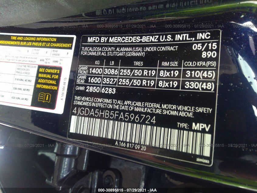 2015 MERCEDES-BENZ M-CLASS ML 350 4JGDA5HB5FA596724