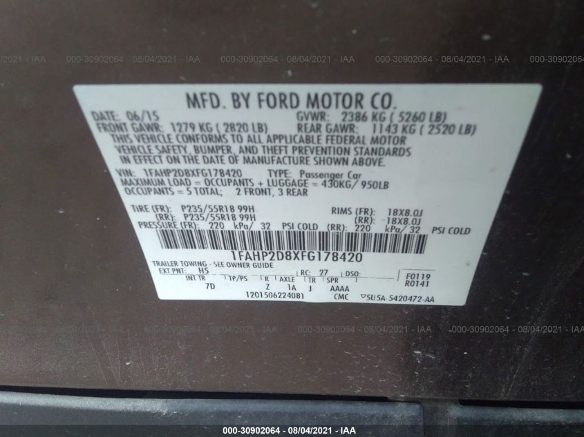2015 FORD TAURUS SE 1FAHP2D8XFG178420
