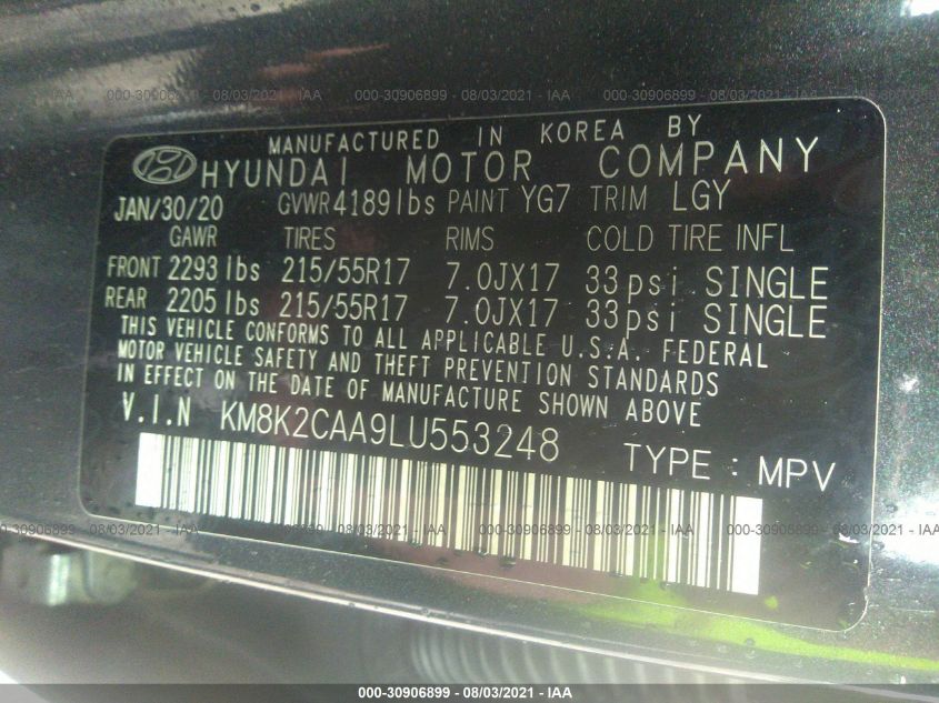 2020 HYUNDAI KONA SEL KM8K2CAA9LU553248