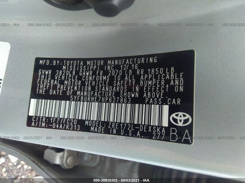 2017 TOYOTA COROLLA SE 5YFBURHE7HP627863