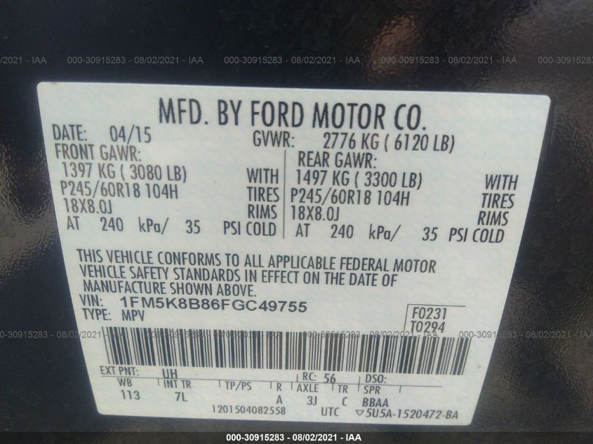 2015 FORD EXPLORER BASE 1FM5K8B86FGC49755
