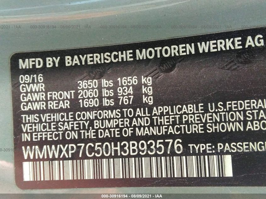 2017 MINI HARDTOP 2 DOOR COOPER S WMWXP7C50H3B93576