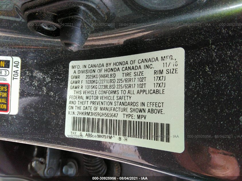 2016 HONDA CR-V EX 2HKRM3H59GH565647