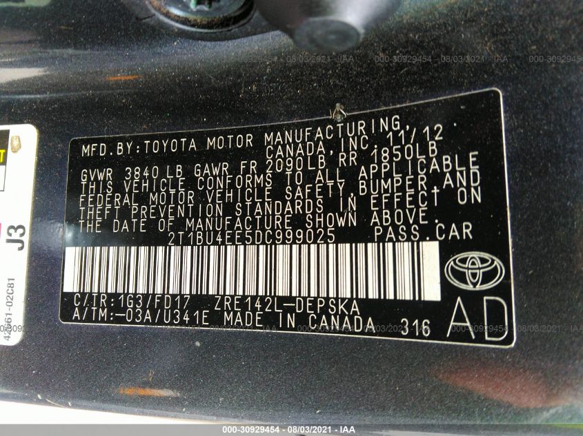 2013 TOYOTA COROLLA S 2T1BU4EE5DC999025