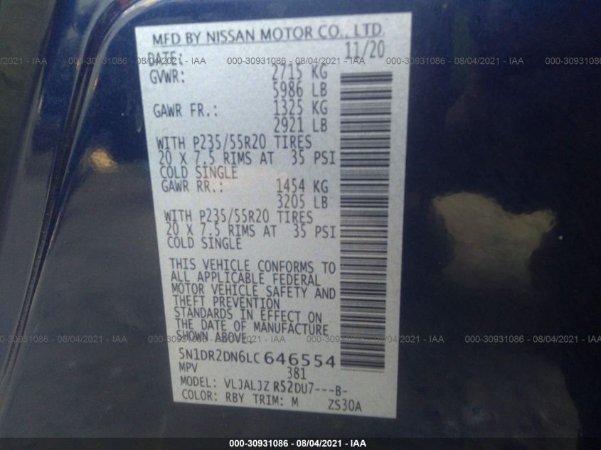 2020 NISSAN PATHFINDER PLATINUM 5N1DR2DN6LC646554