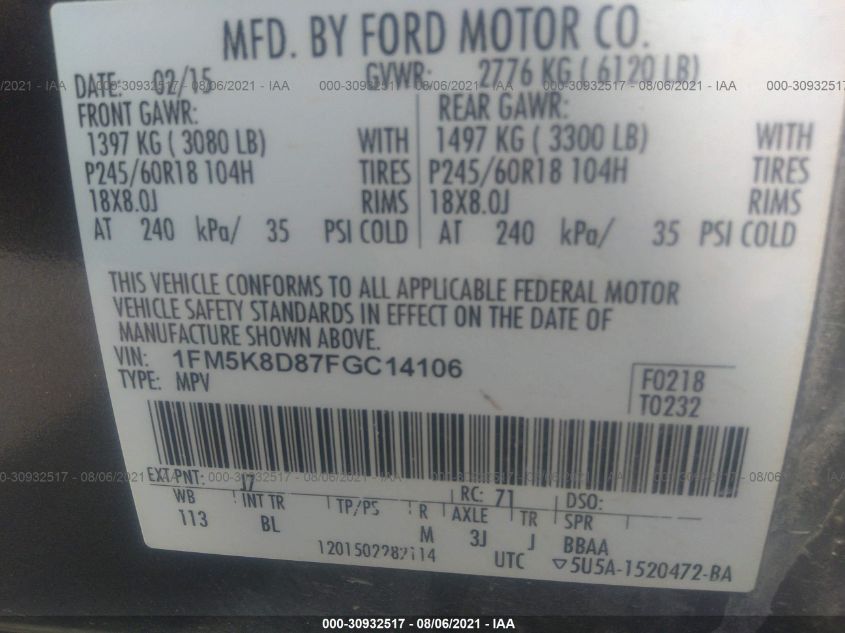 2015 FORD EXPLORER XLT 1FM5K8D87FGC14106