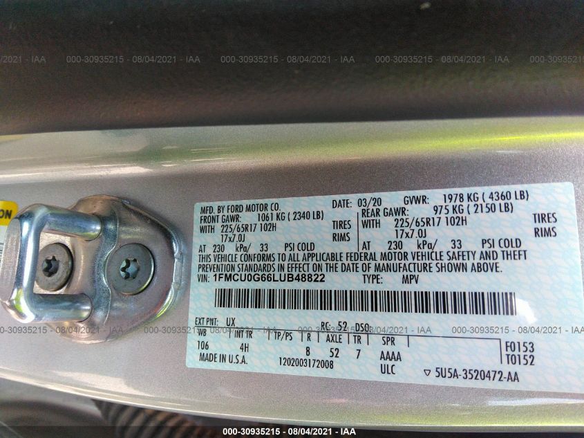 2020 FORD ESCAPE SE 1FMCU0G66LUB48822