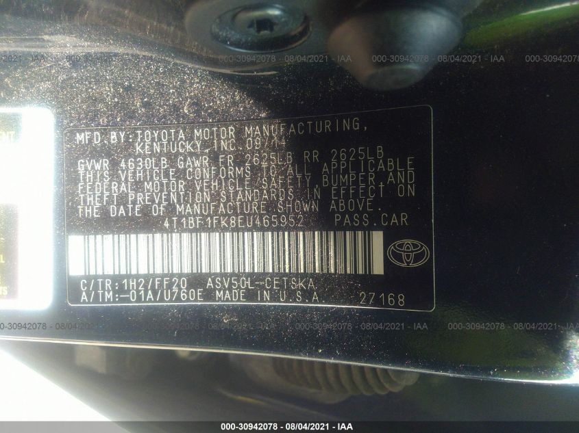 Auction sale of the 2014 TOYOTA CAMRY , vin: 4T1BF1FK8EU465952, lot number: 30942078