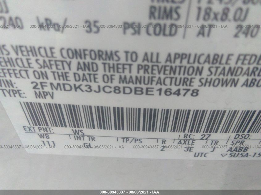2013 FORD EDGE SEL 2FMDK3JC8DBE16478