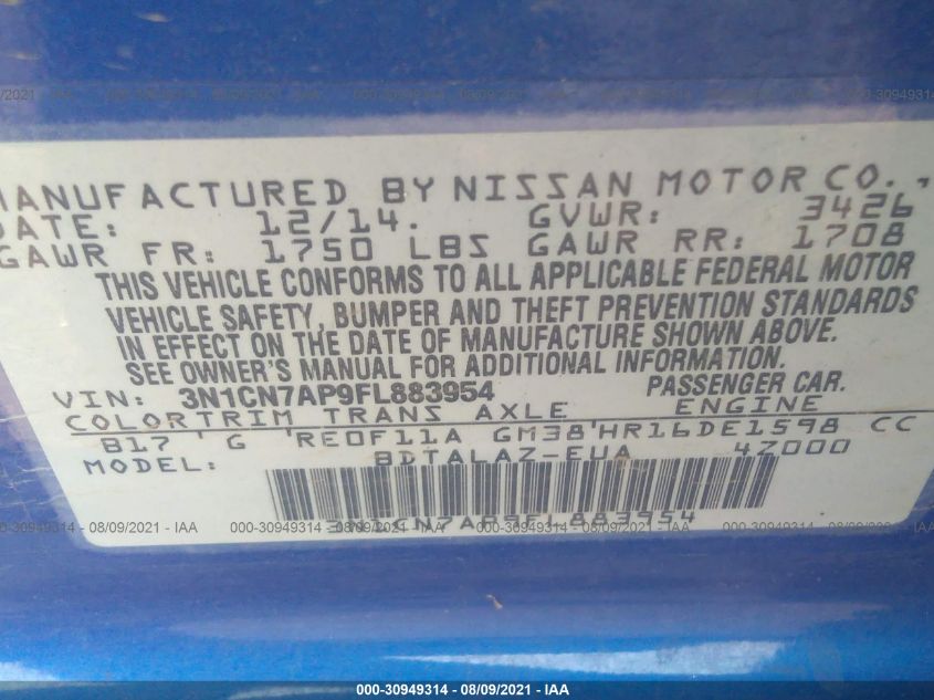 2015 NISSAN VERSA S PLUS 3N1CN7AP9FL883954