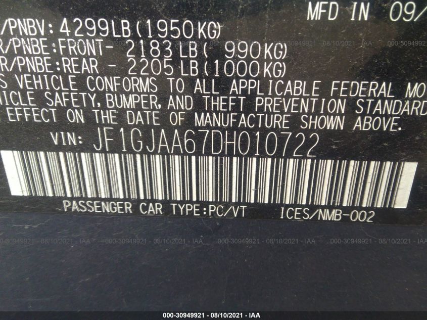 2013 SUBARU IMPREZA SEDAN JF1GJAA67DH010722