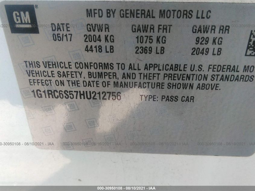 2017 CHEVROLET VOLT LT 1G1RC6S57HU212756