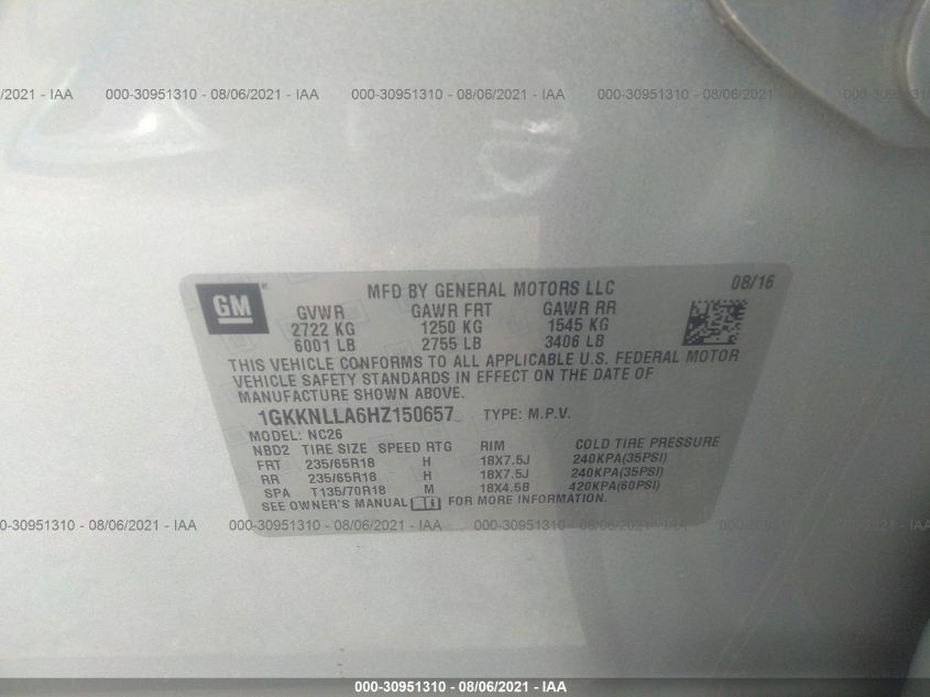 2017 GMC ACADIA SLE 1GKKNLLA6HZ150657