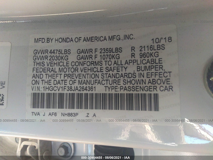 2018 HONDA ACCORD VIN: 1HGCV1F38JA264361
