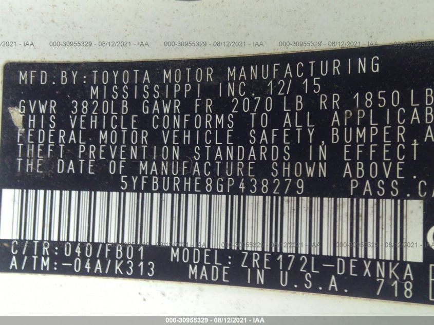 2016 TOYOTA COROLLA LE 5YFBURHE8GP438279