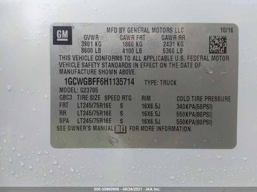 2017 CHEVROLET EXPRESS CARGO VAN 1GCWGBFF6H1135714
