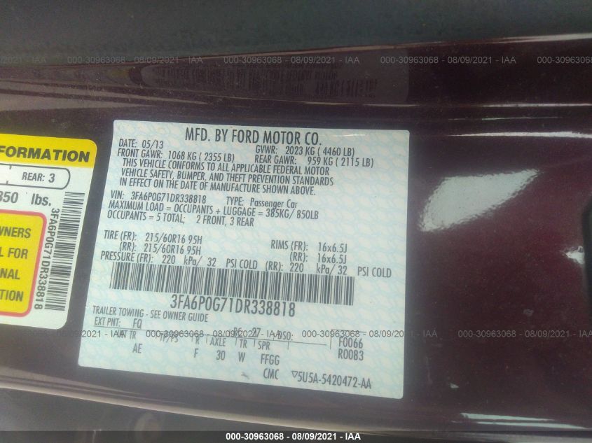 2013 FORD FUSION S 3FA6P0G71DR338818