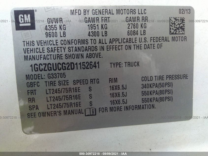2013 CHEVROLET EXPRESS CARGO VAN 1GCZGUCG2D1152641