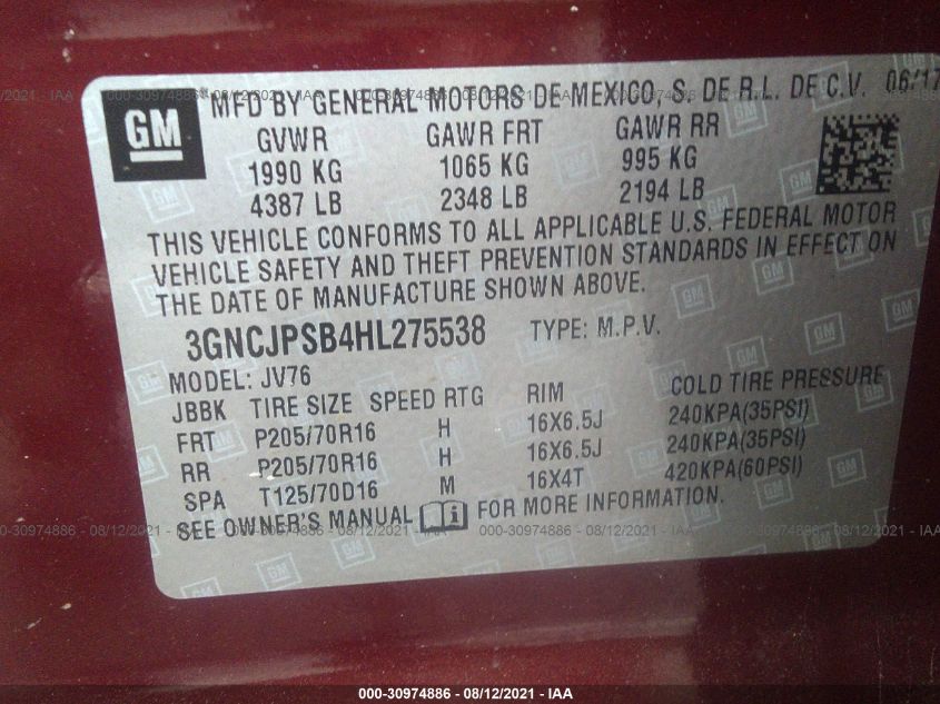2017 CHEVROLET TRAX LT 3GNCJPSB4HL275538