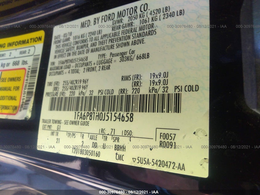 2018 FORD MUSTANG VIN: 1FA6P8TH0J5154658