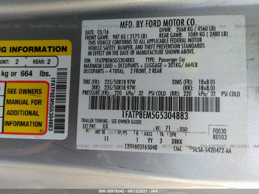 2016 FORD MUSTANG V6 1FATP8EM5G5304883