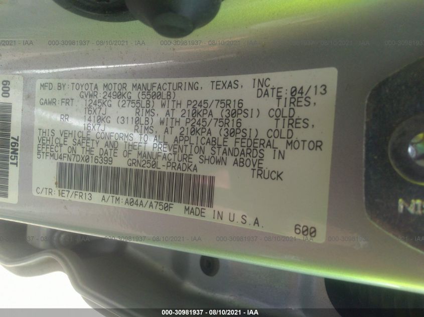 2013 TOYOTA TACOMA 5TFMU4FN7DX016399
