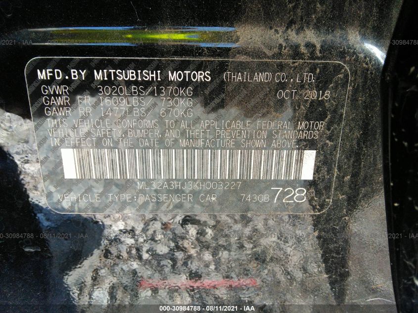 2019 MITSUBISHI MIRAGE ES/RF ML32A3HJ3KH003227