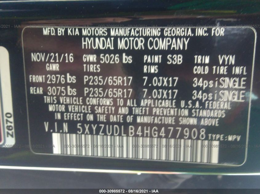 2017 HYUNDAI SANTA FE SPORT 2.4L 5XYZUDLB4HG477908