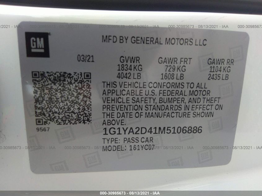 2021 CHEVROLET CORVETTE 1LT 1G1YA2D41M5106886