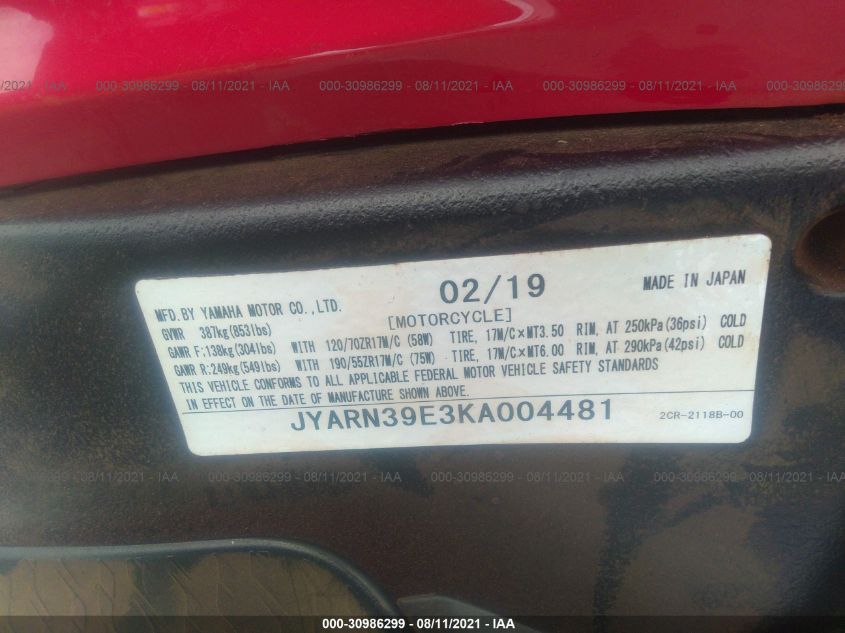 2019 YAMAHA YZFR1 JYARN39E3KA004481