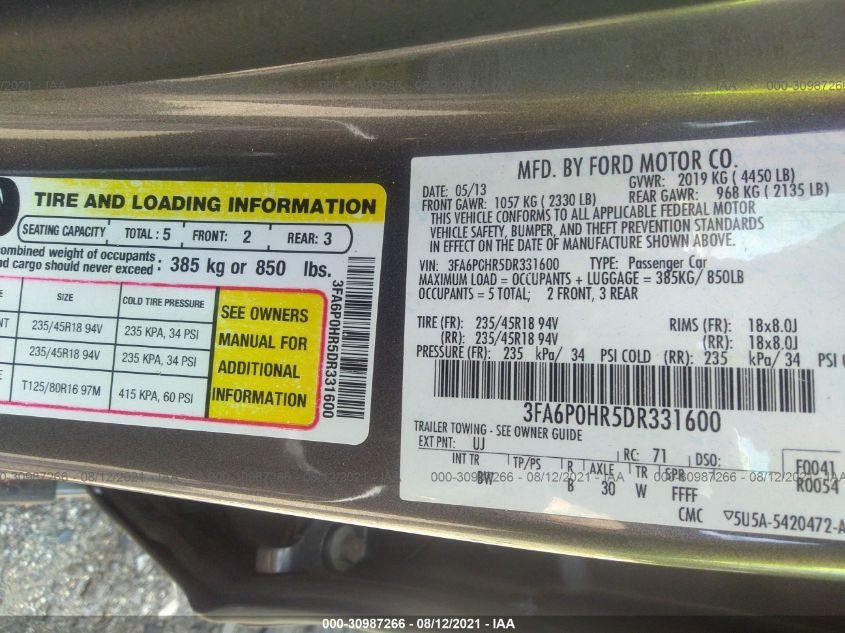 2013 FORD FUSION SE 3FA6P0HR5DR331600