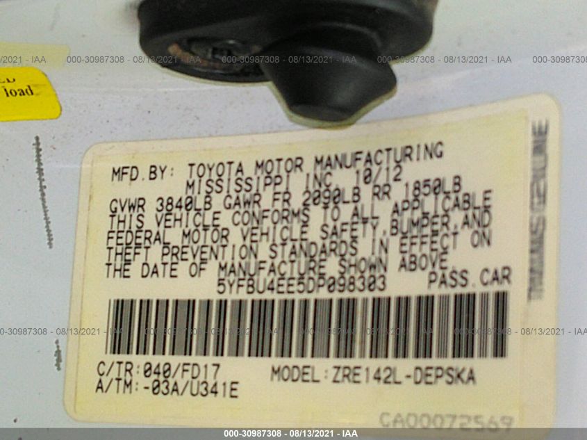 2013 TOYOTA COROLLA L/LE/S 5YFBU4EE5DP098303