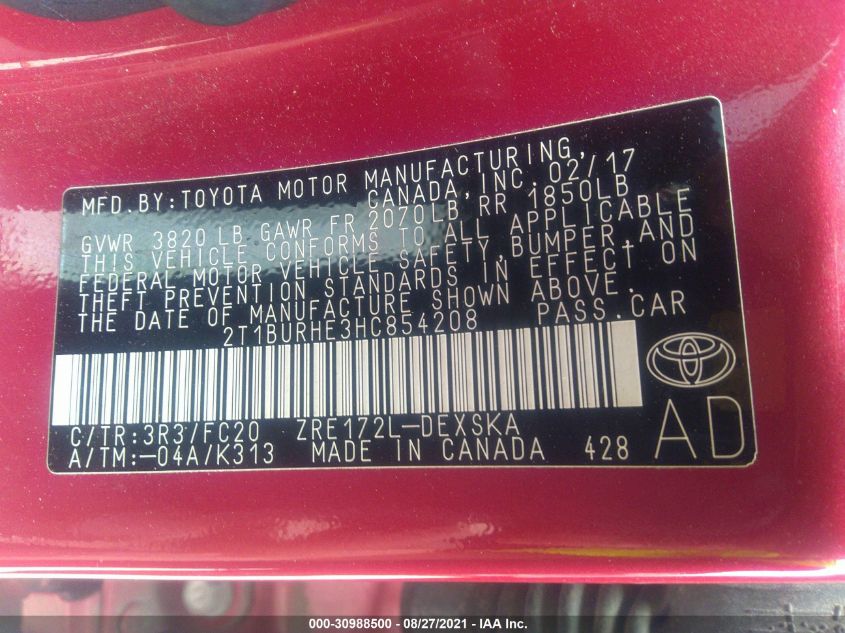 2017 TOYOTA COROLLA L/LE/XLE/SE 2T1BURHE3HC854208