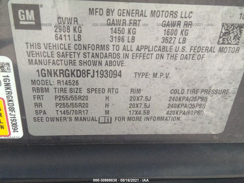 2015 CHEVROLET TRAVERSE LT 1GNKRGKD8FJ193094