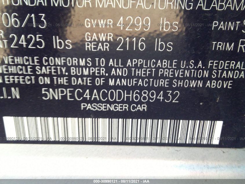 2013 HYUNDAI SONATA SE 5NPEC4AC0DH689432