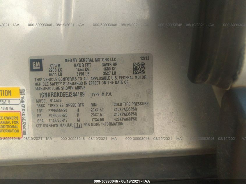 2014 CHEVROLET TRAVERSE LT 1GNKRGKD6EJ244199