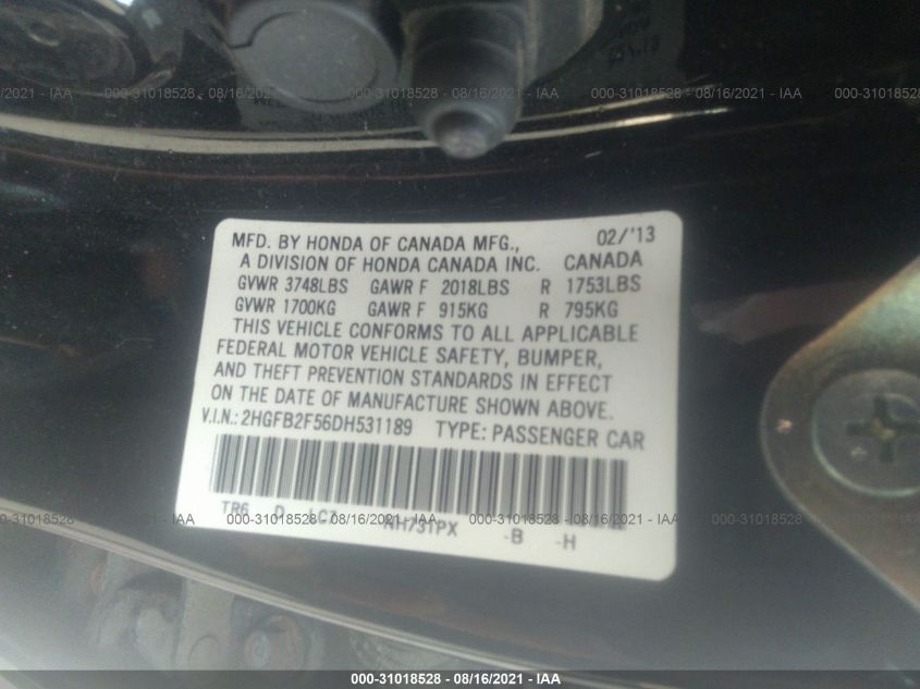 2013 HONDA CIVIC SDN LX 2HGFB2F56DH531189